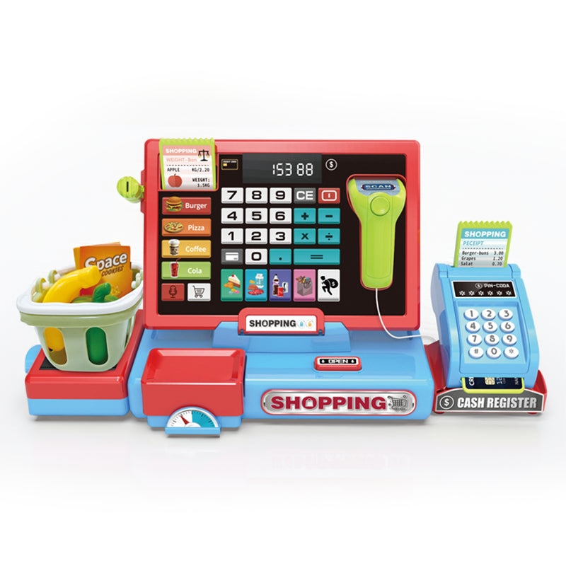 800x800 pixels, white background, red and blue colors, cash register toy, learning resources, scanner, receipt, calculator, grocery basket toy, pretend play toy set, christmas gift, multiple buttons, shopping text, webp