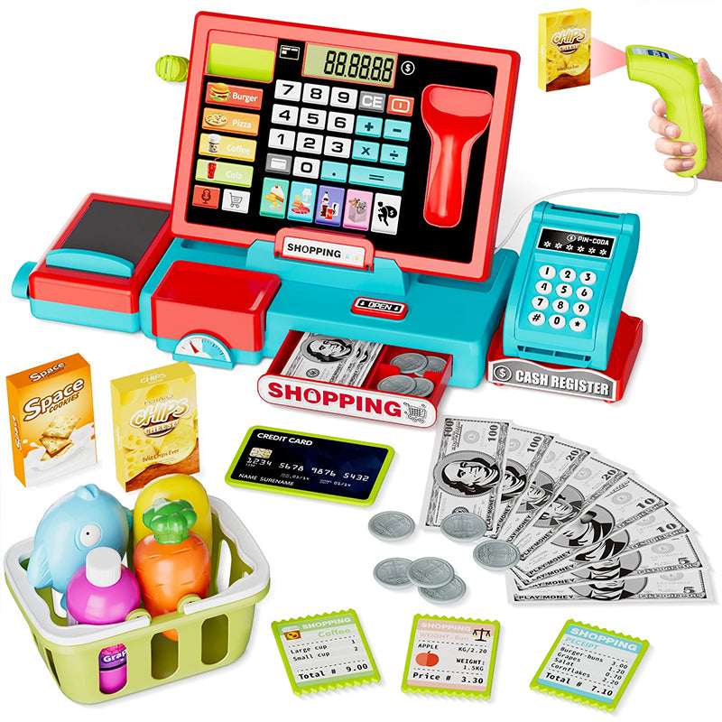 800x800 pixels, white background, toy cash register, pretend play toy set, blue red green colors, cash register toy with scanner and receipt, playing bills and coins, green 
 toy grocery basket, multiple buttons, kids calculator, webp